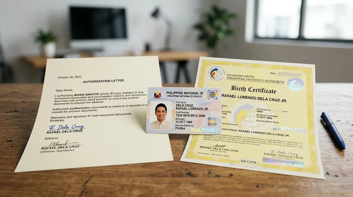 Blogs and Guide 3 Philippine-National-ID-placed-between-an-authorization-letter-and-a-PSA-birth-certificate