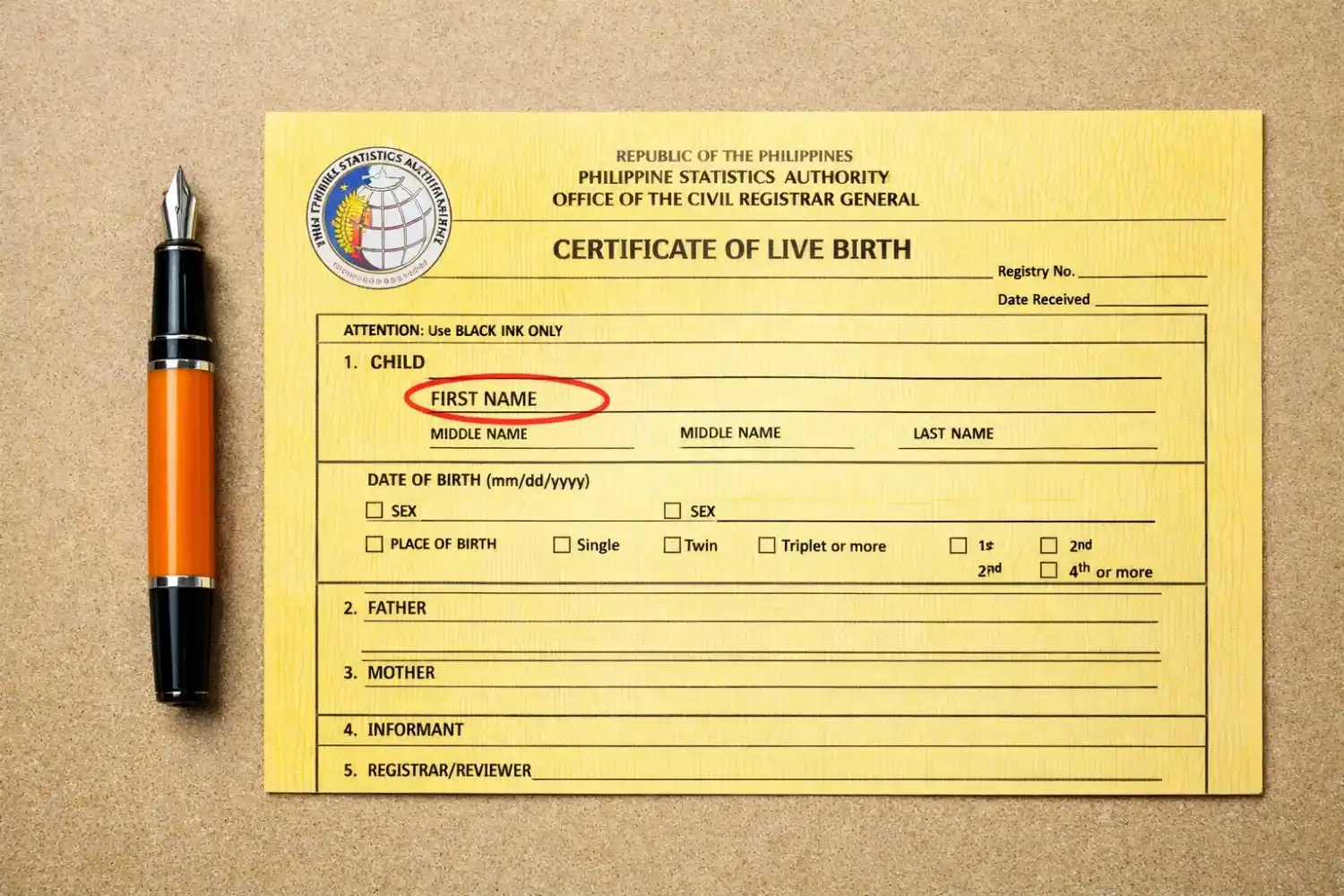 Blogs and Guide 4 Philippine-Statistics-Authority-Certificate-of-Live-Birth-form-with-a-red-circle-around-First-Name