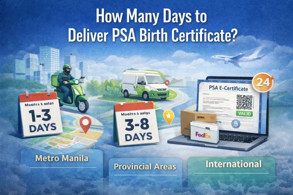 Infographic-showing-PSA-birth-certificate-delivery-timelines-for-Metro-Manila-provincial-areas-and-international-shipping-options-with-courier-icons.