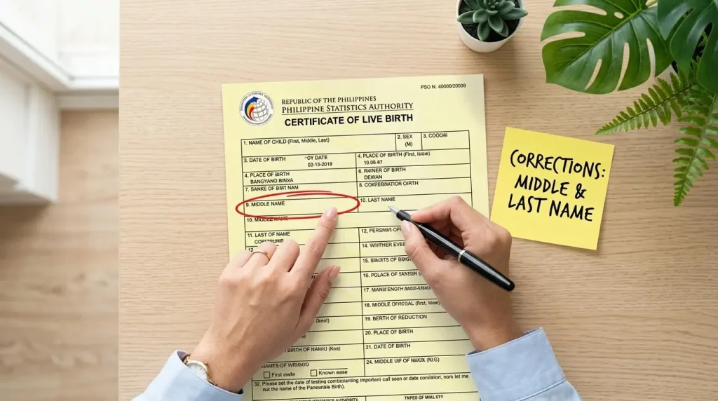 Person-pointing-to-a-red-circled-middle-name-field-on-a-Philippine-birth-certificate-for-corrections