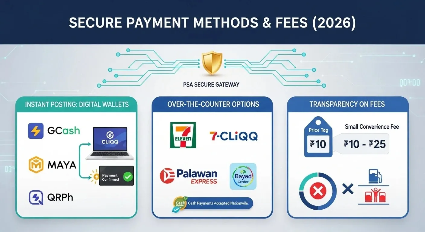 Infographic-showing-PSA-secure-payment-methods-for-2026-including-digital-wallets-over-the-counter-options-and-convenience-fee-transparency.