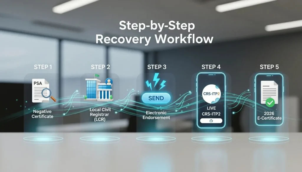 five-step-recovery-workflow-diagram-showing-negative-certificate-to-2026-e-certificate-process