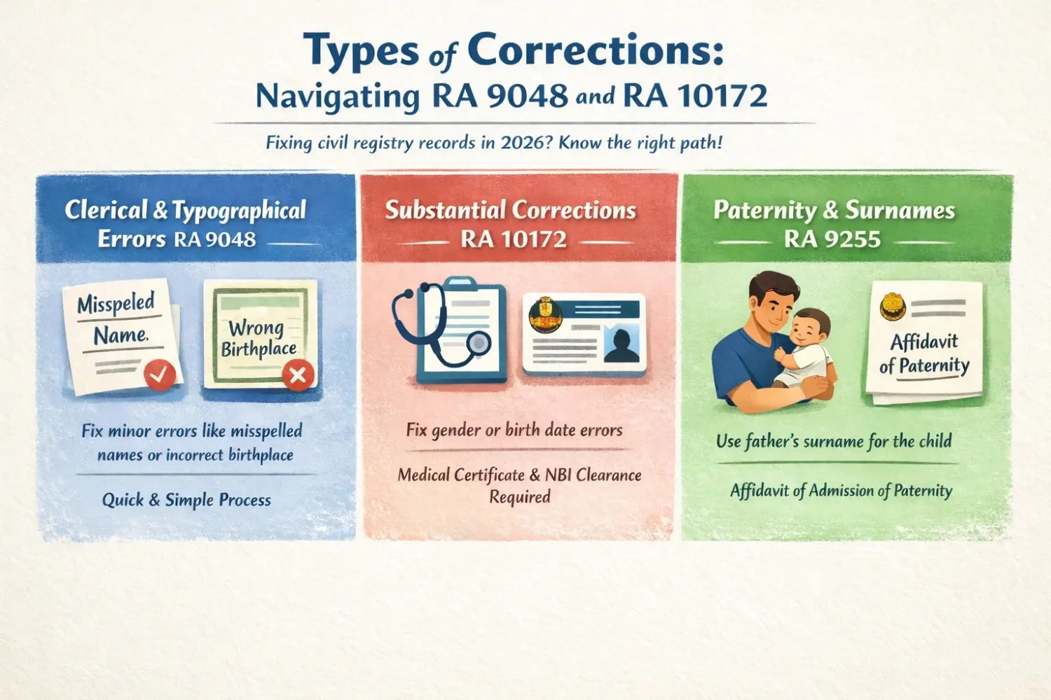 Infographic-outlining-PSA-correction-types-clerical-errors-RA-9048-substantial-changes-RA-10172-and-paternity-updates-under-RA-9255.