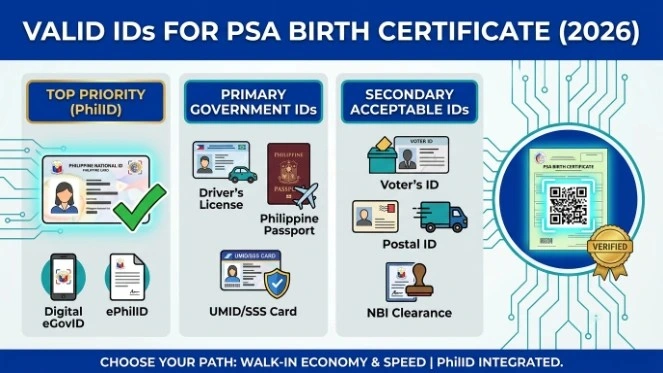 Infographic-showing-2026-valid-IDs-for-PSA-birth-certificates-including-PhilID-primary-government-IDs-and-secondary-acceptable-identification.